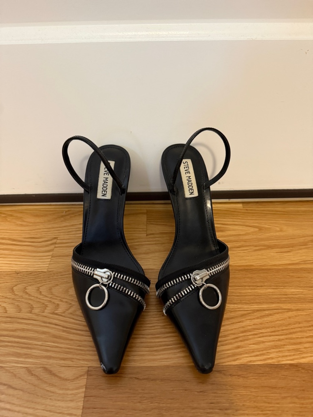 Steve Madden Black Pointed Toe Slingback Heels with Zipper Ring Detail
